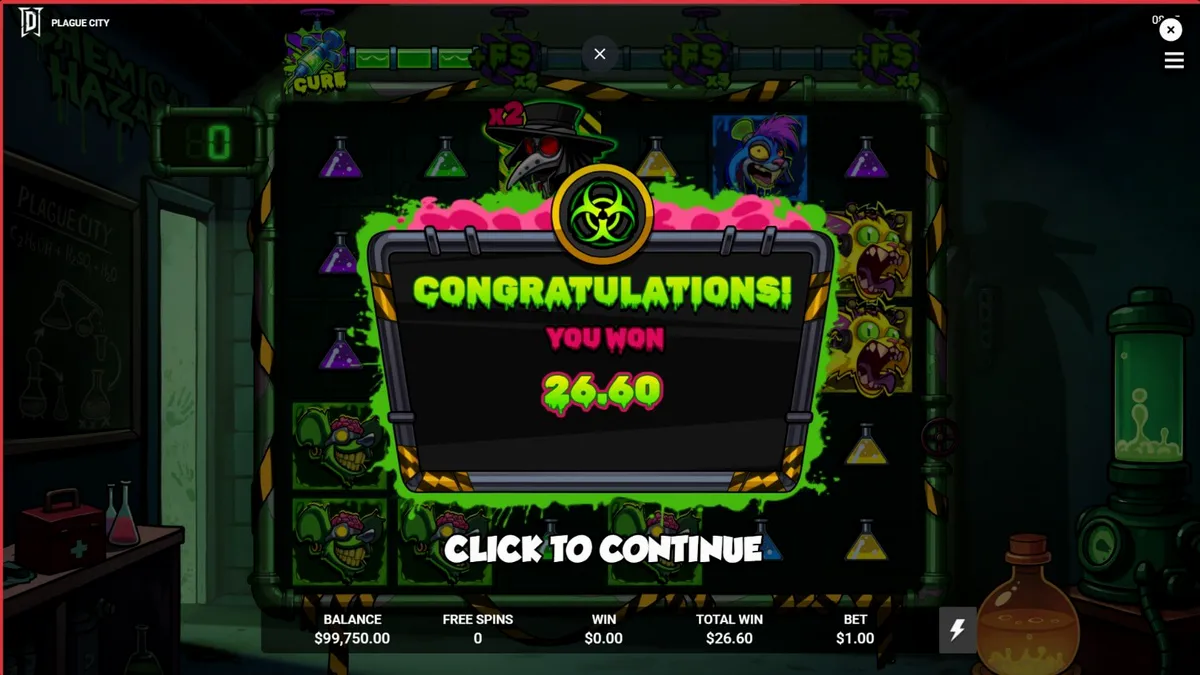 Tampilan visual slot Plague City dengan tema apokaliptik dan elemen laboratorium.