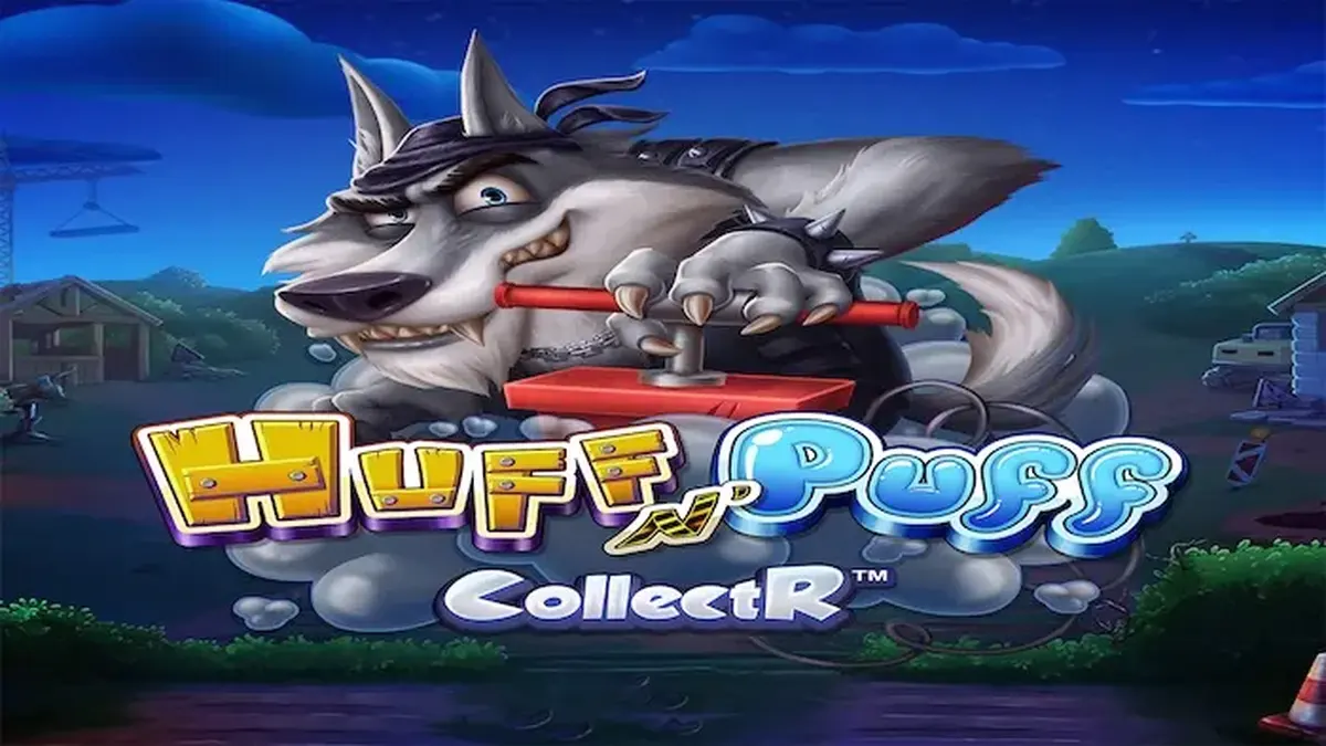 Tampilan visual game slot Huff N' Puff CollectR dengan tema babi dan serigala